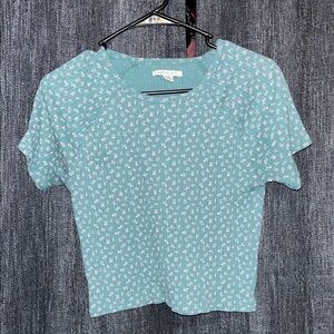 Light Teal Floral Ribbed Cropped Short Sleeve Top